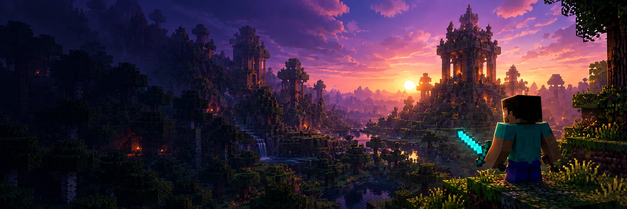 Paisaje de bloques con castillos al atardecer y un personaje con espada de diamante